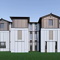 Modern Townhouse Exterior Design With Large Glass Windows White Dark Facade And Green Lawn