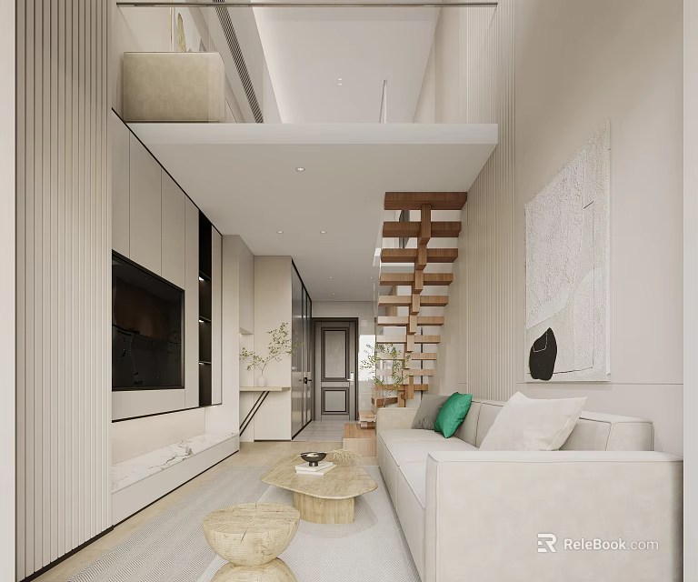 Modern Loft Apartment Interior With Sofa TV And Stairs 3d model 