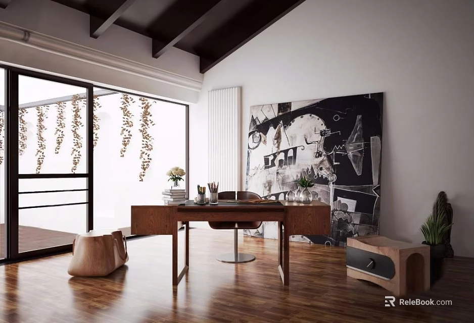 Cozy Study Room with Wooden Desk Hanging Vines Large Windows and Black White Abstract Painting 3d model 