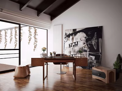 Cozy Study Room with Wooden Desk Hanging Vines Large Windows and Black White Abstract Painting 3d model
