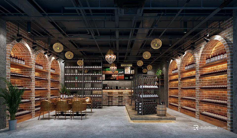 Cozy Liquor Store Interior With Brick Walls Wine Shelves Bar Counter Wooden Chairs And Chandeliers 3d model 