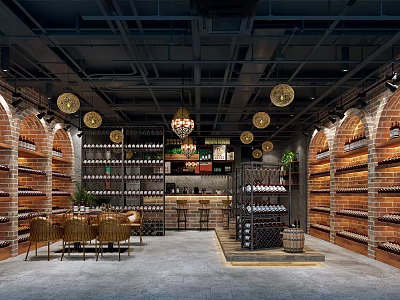 Cozy Liquor Store Interior With Brick Walls Wine Shelves Bar Counter Wooden Chairs And Chandeliers 3d model