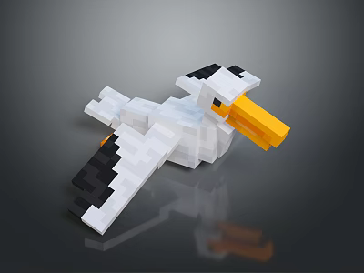 Pixel Art Style Flying Animal With Black White Wings Yellow Beak On Gray Background 3d model