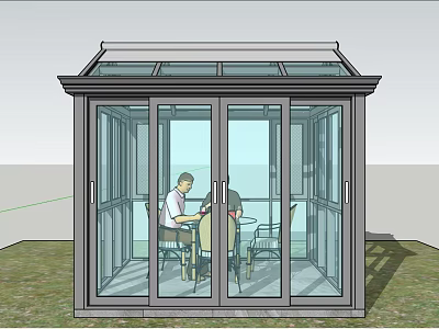 Glass Sunroom Interior Design With People Table And Chairs 3d model