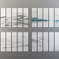 Chinese Style Multi Panel Landscape Painting with Ink Wash Mountains Water and Flying Birds