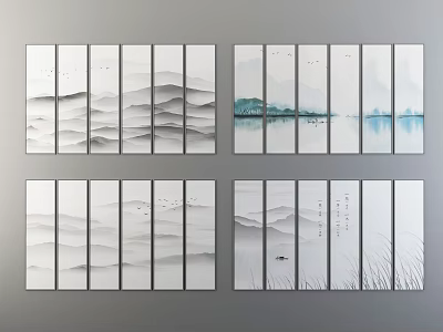 Chinese Style Multi Panel Landscape Painting with Ink Wash Mountains Water and Flying Birds 3d model
