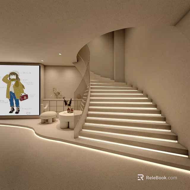 Modern Interior With Curved Staircase Projection Screen And Soft Lighting 3d model