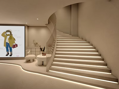 Modern Interior With Curved Staircase Projection Screen And Soft Lighting 3d model