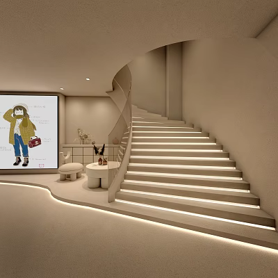 Modern Interior With Curved Staircase Projection Screen And Soft Lighting 3d model