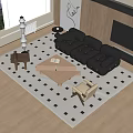 Modern Black Sofa and Wooden Coffee Table Set with Checkerboard Rug on Light Floor