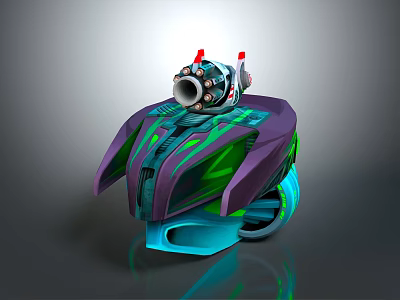 Futuristic Cosmic Spaceship with Purple Green Streamlined Structure and Red Top Components Design 3d model