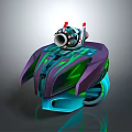 Futuristic Cosmic Spaceship with Purple Green Streamlined Structure and Red Top Components Design