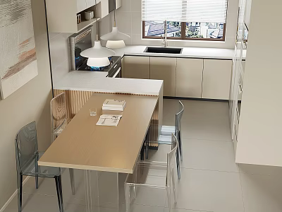Modern Kitchen Dining Table Set With Clear Acrylic Chairs And Natural Light 3d model