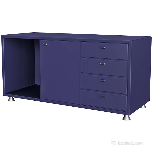 Navy Blue Decorative Cabinet With Single Door Multiple Drawers And Metal Legs 3d model 