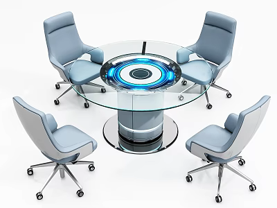 Round Conference Table With Glass Top And Blue Illuminated Center Ring Four Light Blue Chairs 3d model