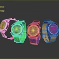 Four Colorful Digital Watches With Pink Green Blue Yellow Straps And Modern Design