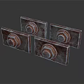 Four Rusted Industrial Metal Bolt Plates With Hexagon Head Fasteners
