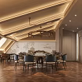 Luxurious Chinese Private Room Interior With Wooden Furniture Round Table Pendant Lights And Greenery