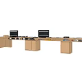 Modern Office Desk Setup With Two Computer Monitors And Wooden Storage Cabinets