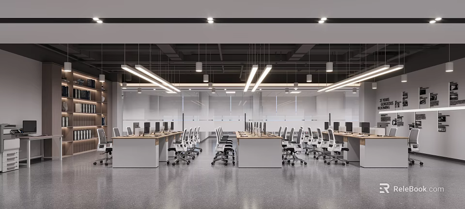 Modern Shared Office Space With Open Layout Desks Office Chairs Computers And Hanging Lights 3d model 