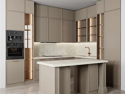 Modern Light Brown Kitchen Cabinets With White Countertop Island And Built In Lighting 3d model