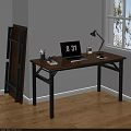 Foldable Desk With Wooden Top And Black Metal Frame Featuring Laptop Desk Lamp And Stationery