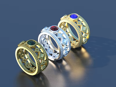 Exquisite Rings With Colored Gemstones In Different Metals And Intricate Patterns 3d model