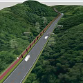 Scenic Road Facilities With Vehicles Pedestrians Trees Green Slopes And Street Lights