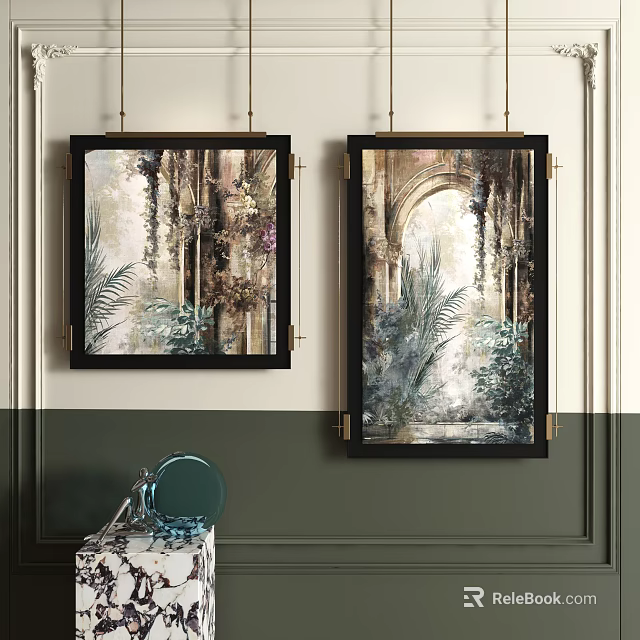 Tall Narrow Abstract Paintings With Black Frames Archway And Greenery Hanging On Green White Wall 3d model 