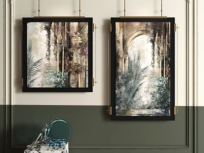 Tall Narrow Abstract Paintings With Black Frames Archway And Greenery Hanging On Green White Wall 3d model