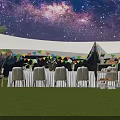 Starry Sky Garden Landscape With Green Lawn White Canopies Dining Tables And Palm Trees