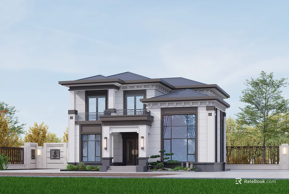 Modern Detached Villa Exterior Design With White Facade Dark Roof And Large Glass Windows 3d model 