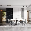 Modern Restaurant Interior Design Featuring Black Marble Fireplace Round Dining Table Gray Chairs Floor-to-Ceiling Windows