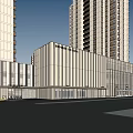 Modern Contemporary Sales Office Building With Glass Curtain Wall Evening Lighting Pedestrians And Tall Buildings