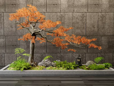 New Chinese-style Indoor Plant Landscape Landscaping Courtyard Sketch Luo Han Pine Tree Flowers Fern Green Planting Snowflake Stone 3d model
