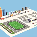 Cartoon City Scene With Tall Colorful Buildings Various Shaped Houses Football Field And Towers