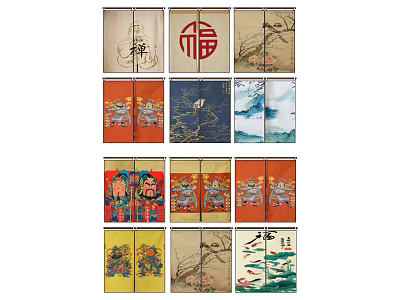 Traditional Chinese Kitchen Curtains With Fortune Character And Floral Bird Patterns 3d model