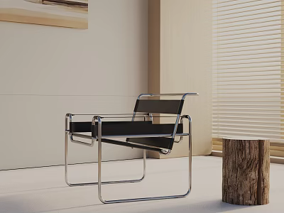 Modern Minimalist Black Leisure Chair with Metal Frame and Wooden Stump Side Table 3d model