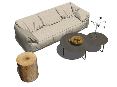 Beige Sofa and Coffee Table Set with Fruit Bowl Flower Vase and Wooden Log Stool 3d model