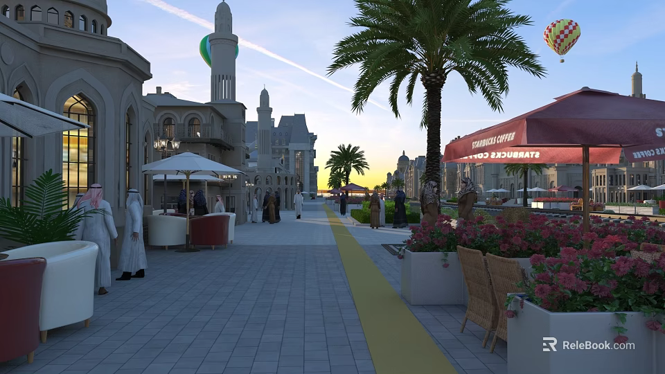 Bustling Shopping Street With Palm Trees Outdoor Restaurant Pedestrians And Hot Air Balloons 3d model 