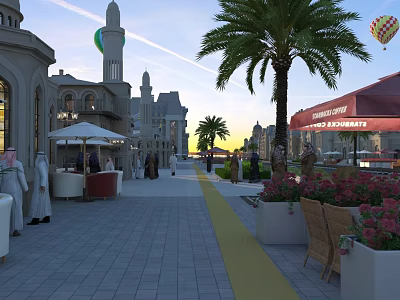 Bustling Shopping Street With Palm Trees Outdoor Restaurant Pedestrians And Hot Air Balloons 3d model