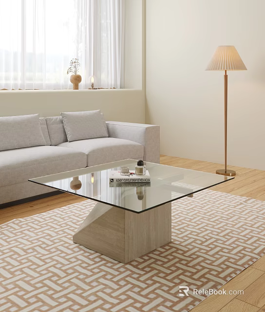Glass Top Coffee Table With Wooden Base In Modern Living Room Gray Sofa Floor Lamp 3d model 