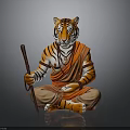 Tiger Figure Sculpture In Sitting Posture With Orange Robe And Staff And Neck Beads Decoration