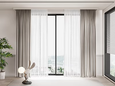 Modern Living Room Curtains With Sheer Panels And Grey Drapes By Large Window 3d model