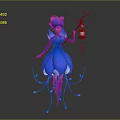 Fantasy Game Movie Character With Blue Outfit Pink Hair Lantern Staff And Petal Like Skirt Glowing Decorations