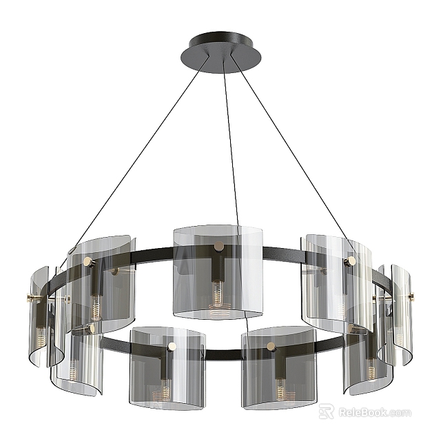 Modern Glass and Metal Chandelier with Circular Frame and Multiple Transparent Shades Suspended Design 3d model 