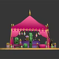 Vibrant Cartoon Scene with Pink Tent Golden Decorations Green Cacti Purple Cushions and Small Bottles