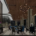 Luxurious Restaurant Interior With Chandeliers Blue And Beige Chairs Marble Walls And Large Windows