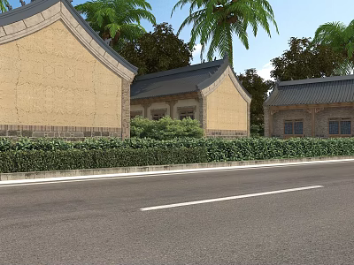 Traditional Ancient Buildings With Gray Tiled Roofs Earth Yellow Walls And Palm Trees By Road 3d model