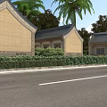 Traditional Ancient Buildings With Gray Tiled Roofs Earth Yellow Walls And Palm Trees By Road